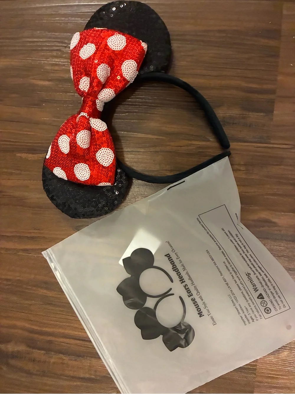 Kids Sequin Mouse Ear Headband with Red Polka Dot Bow -
